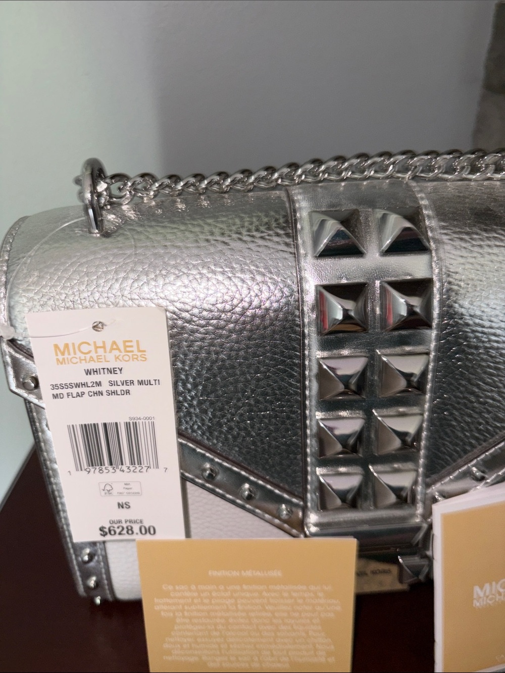 Michael Kors Silver and White Whitney  Studded Leather Crossbody